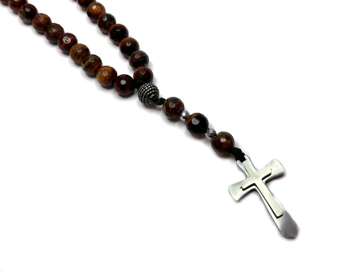 Eye Of The Tiger Stone & Stainless Steel Cross Man's Necklace