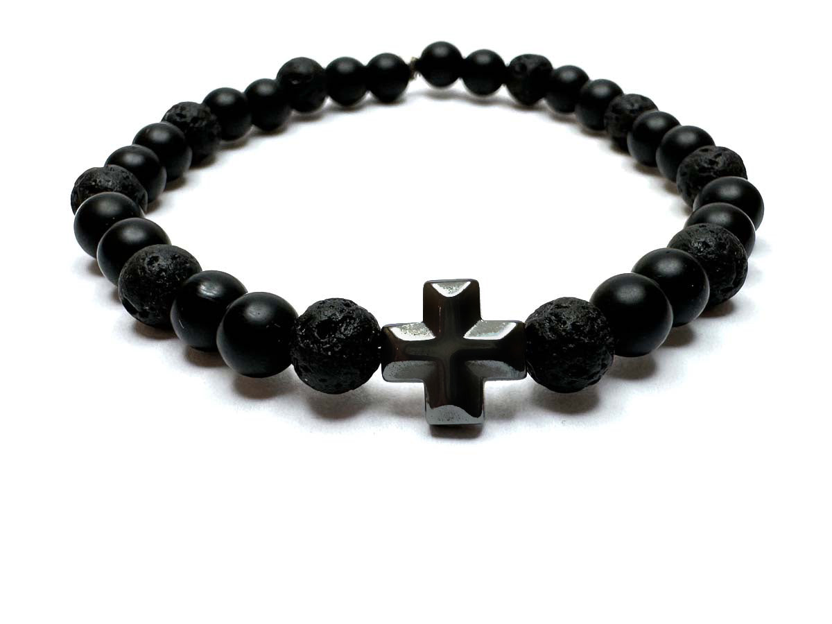 Onyx & Lava Beads Cross Strong Elastic Handmade Bracelet