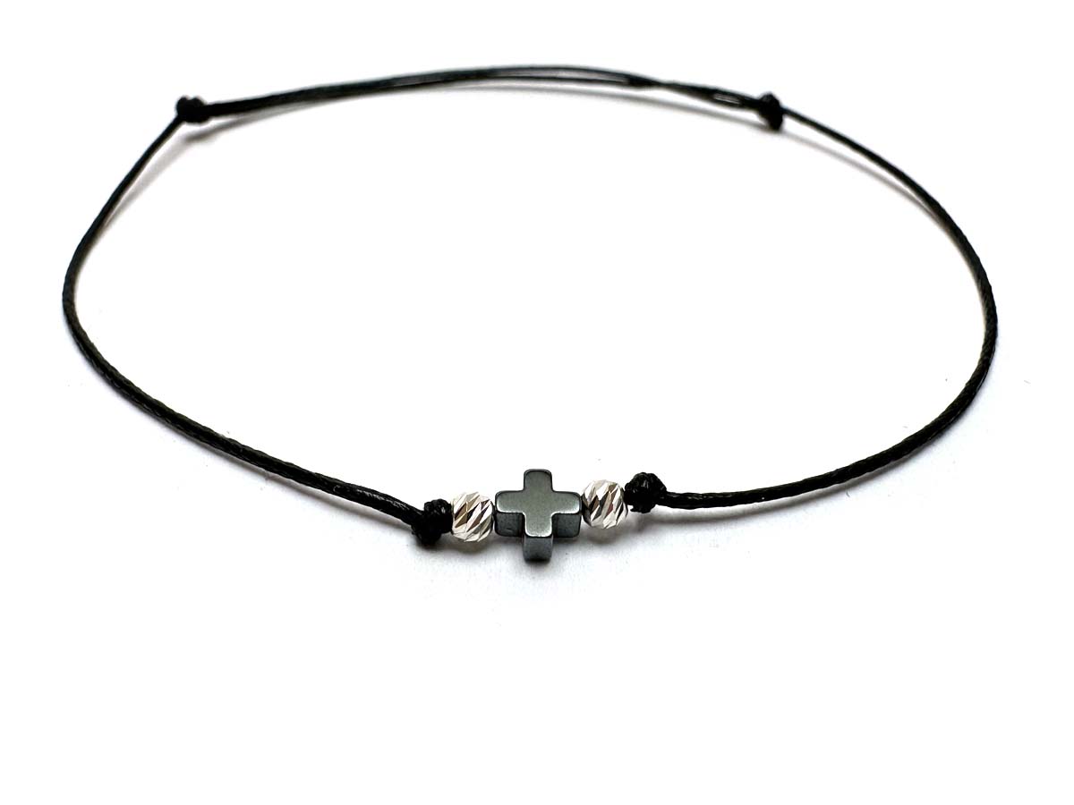Small Silver Hematite Cross & Silver 2mm Beads Handmade Bracelet