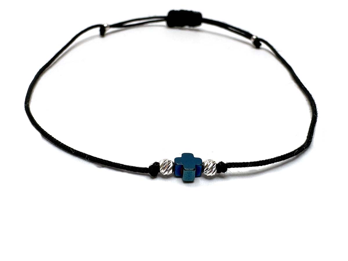 Small Blue Hematite Cross & Silver 2mm Beads Handmade Bracelet