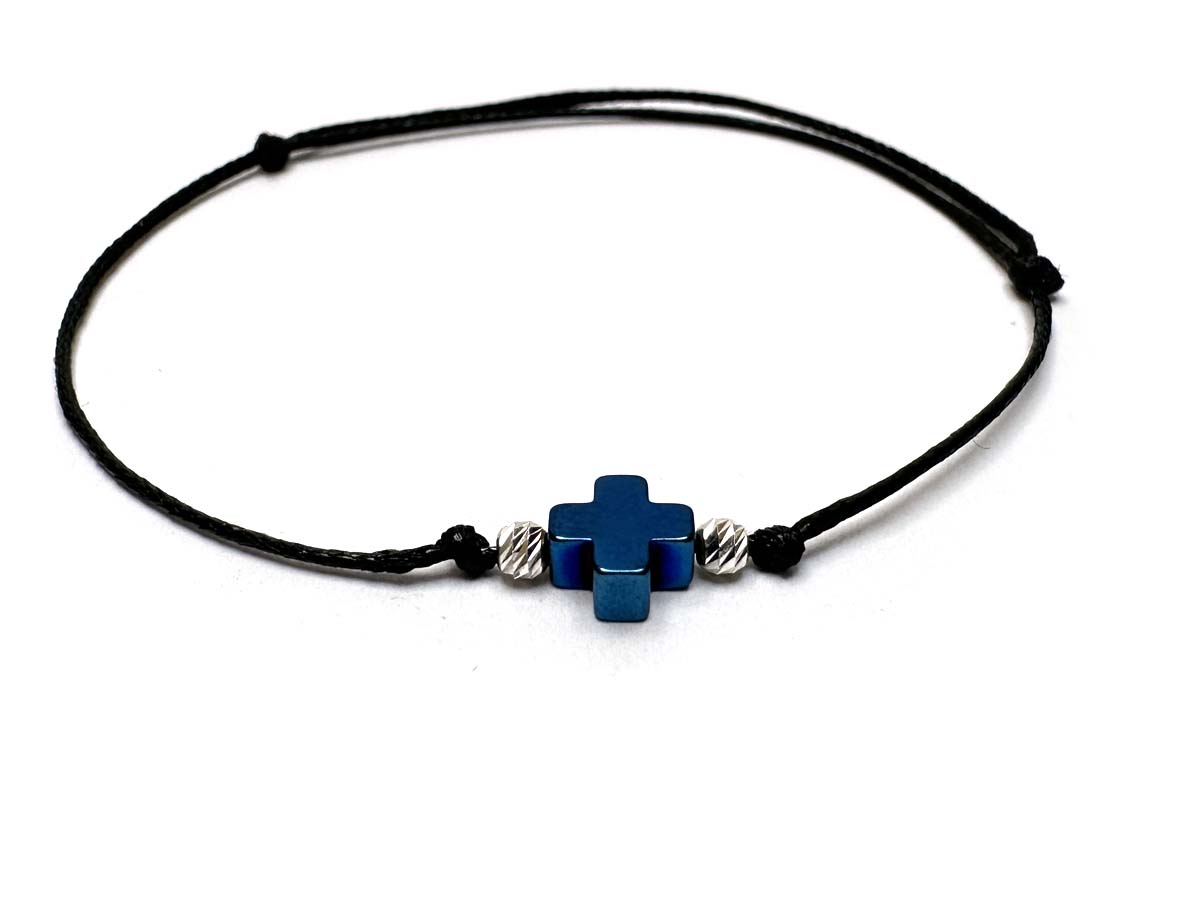 Blue Hematite Cross & Silver 2mm Beads Handmade Bracelet