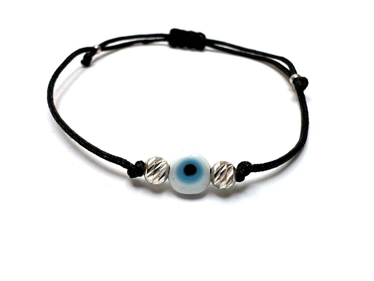 White Evil Eye & Silver 4mm Beads Handmade Bracelet