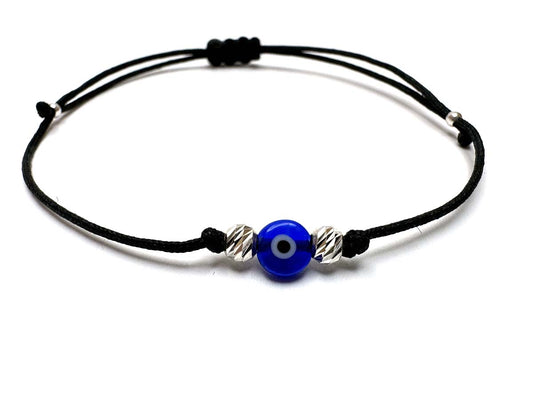 Blue Evil Eye & Silver 4mm Beads Handmade Bracelet