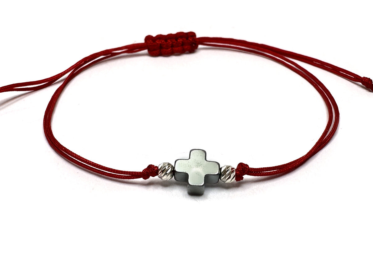 Silver Hematite Cross & Silver Beads 3mm Handmade Bracelet