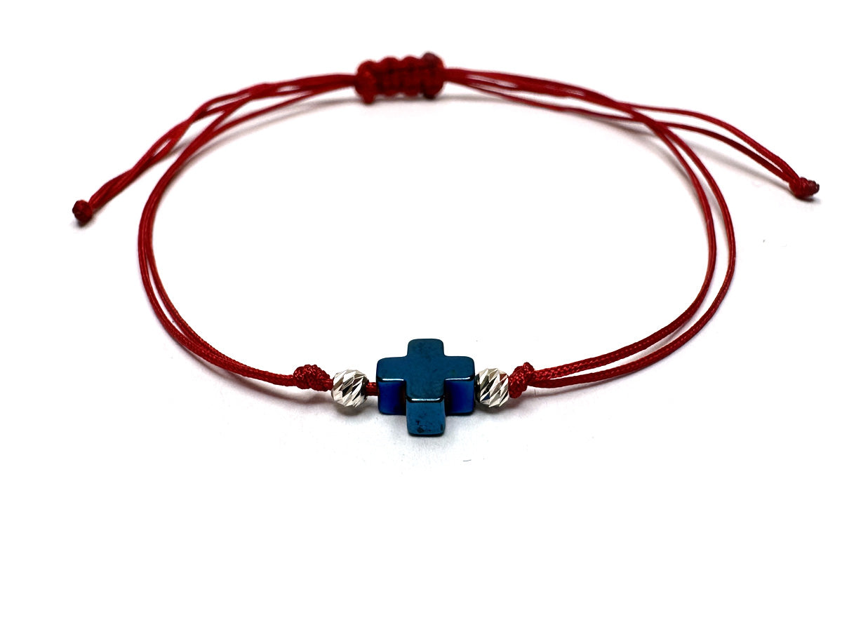 Blue Hematite Cross & Silver Beads 3mm Handmade Bracelet