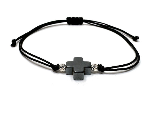 Hematite Cross & Silver Beads 3mm Handmade Bracelet
