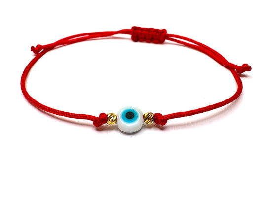 White Evil Eye & Gold 2mm Beads Handmade Bracelet