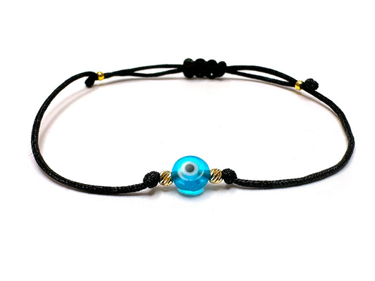 Light Blue Evil Eye & Gold 2mm Beads Handmade Bracelet