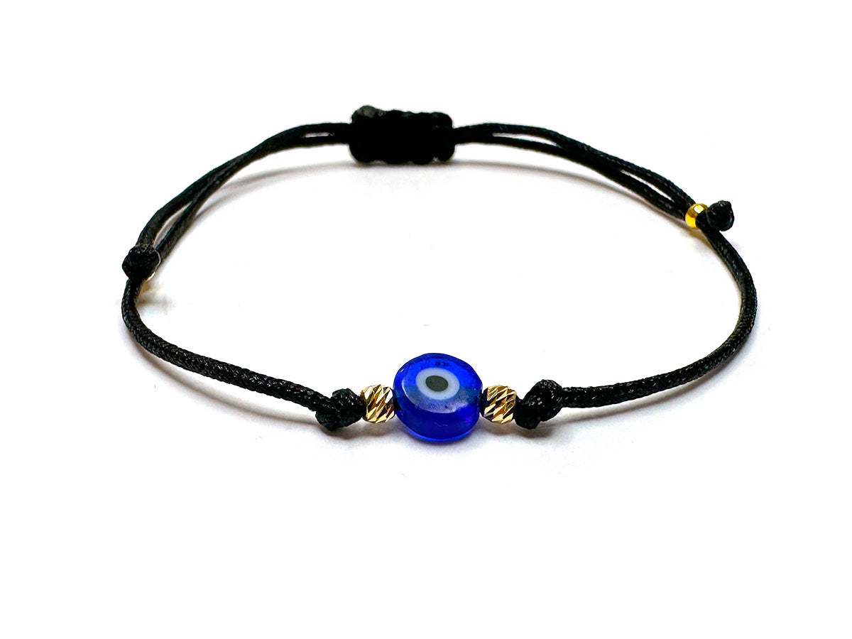 Blue Evil Eye & Gold 2mm Beads Handmade Bracelet