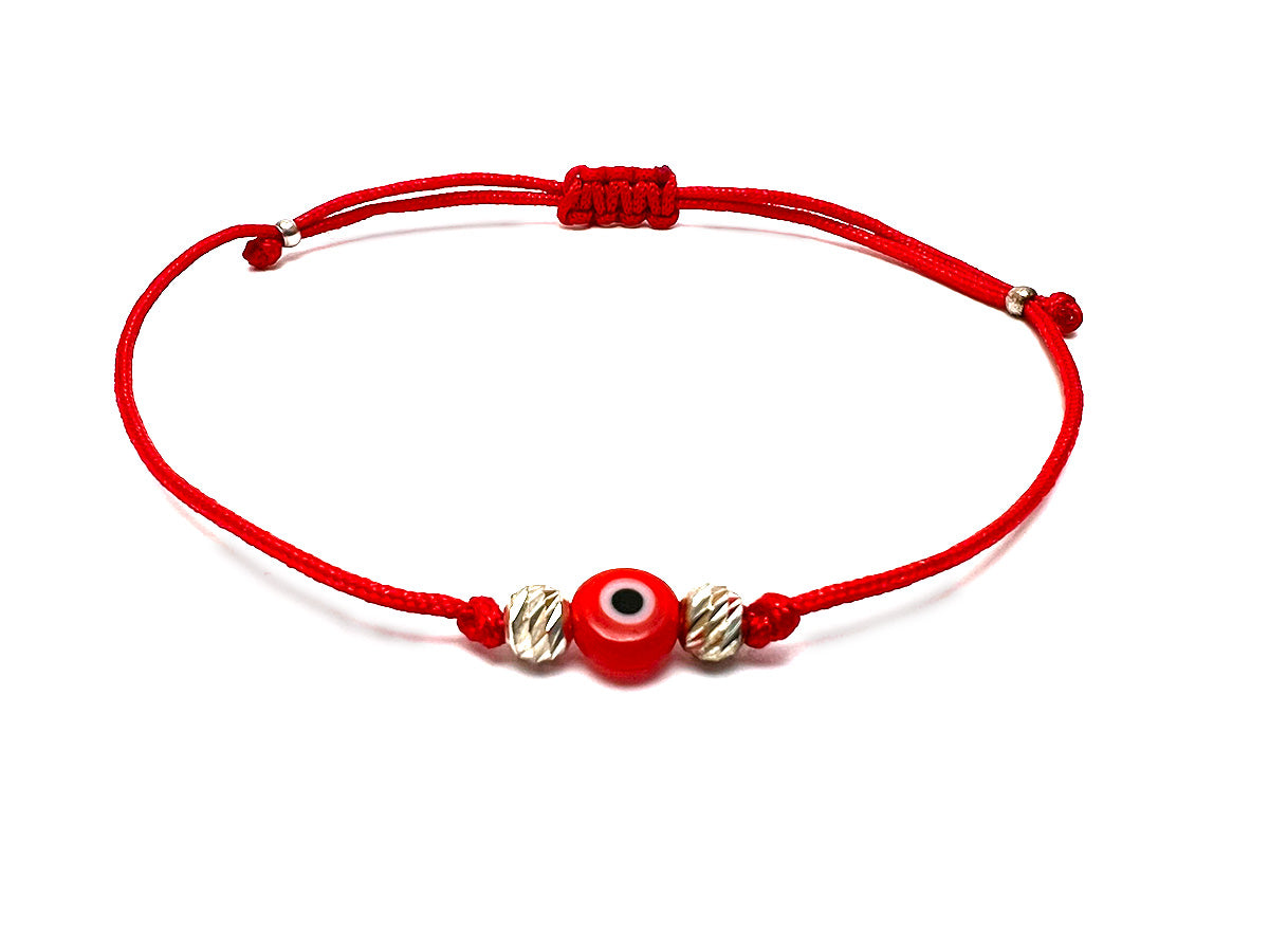 Red evil eye with silver beads gift handmade bracelet